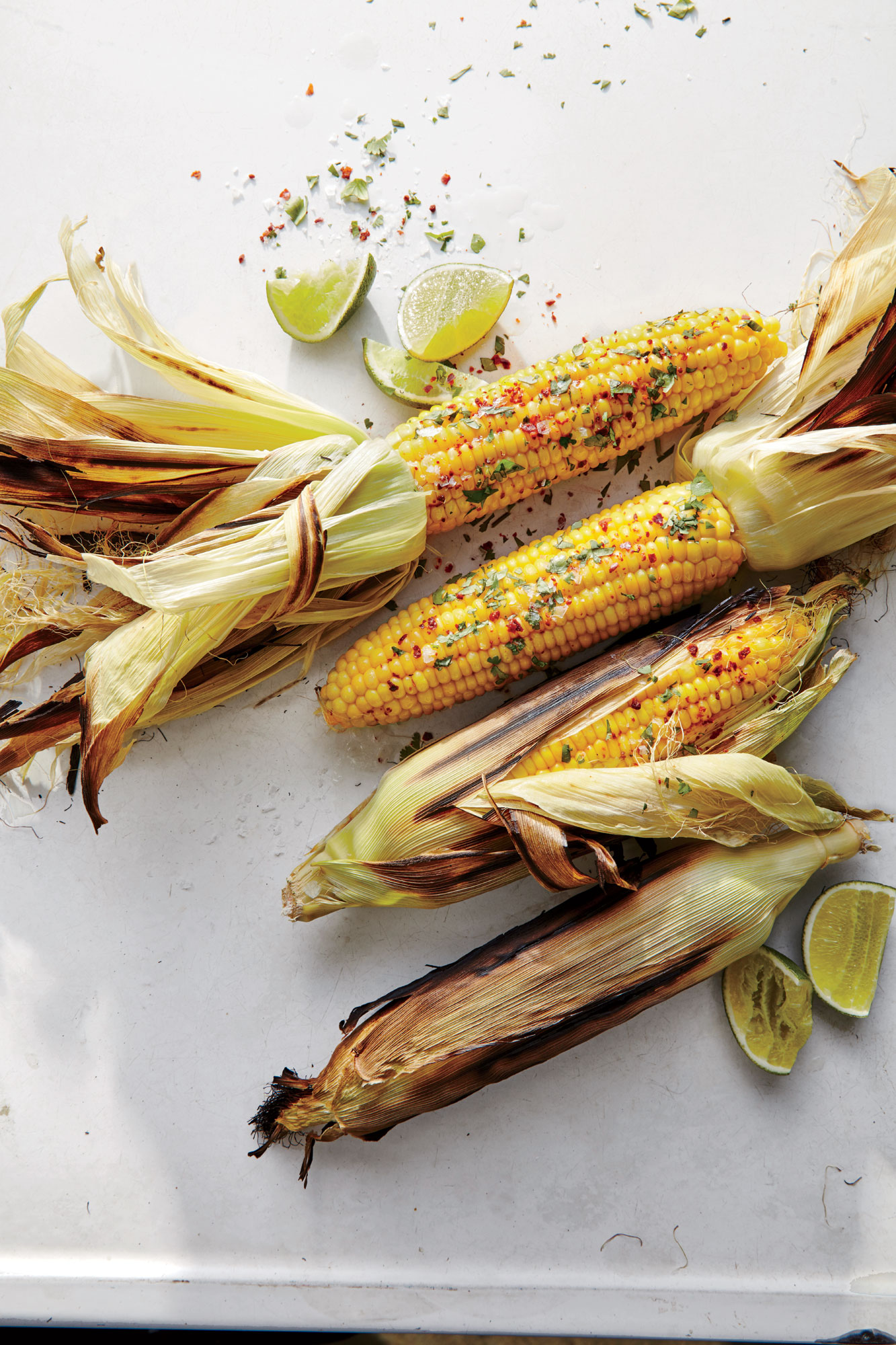 Grill-Steamed Corn with Cilantro and Chile Flakes